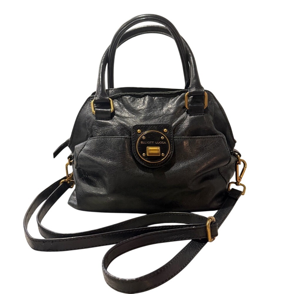 Elliott Lucca Black Leather Satchel Crossbody Gold‎ Hardware
